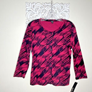 RAFAELLA Women's MEDIUM Sweater Button Front 3/4 Sleeves BLACK Dark PINK NWT